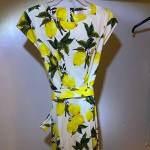Lemon print short-sleeve knee-length dress w sash